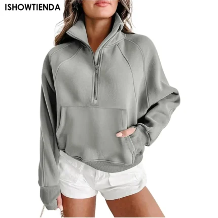 Stand Collar Casual Sweatshirts Half Zip Women Cropped Pullover Thumb Hole Overzised Hoodie Solid Color Plus Size Sports Outfit